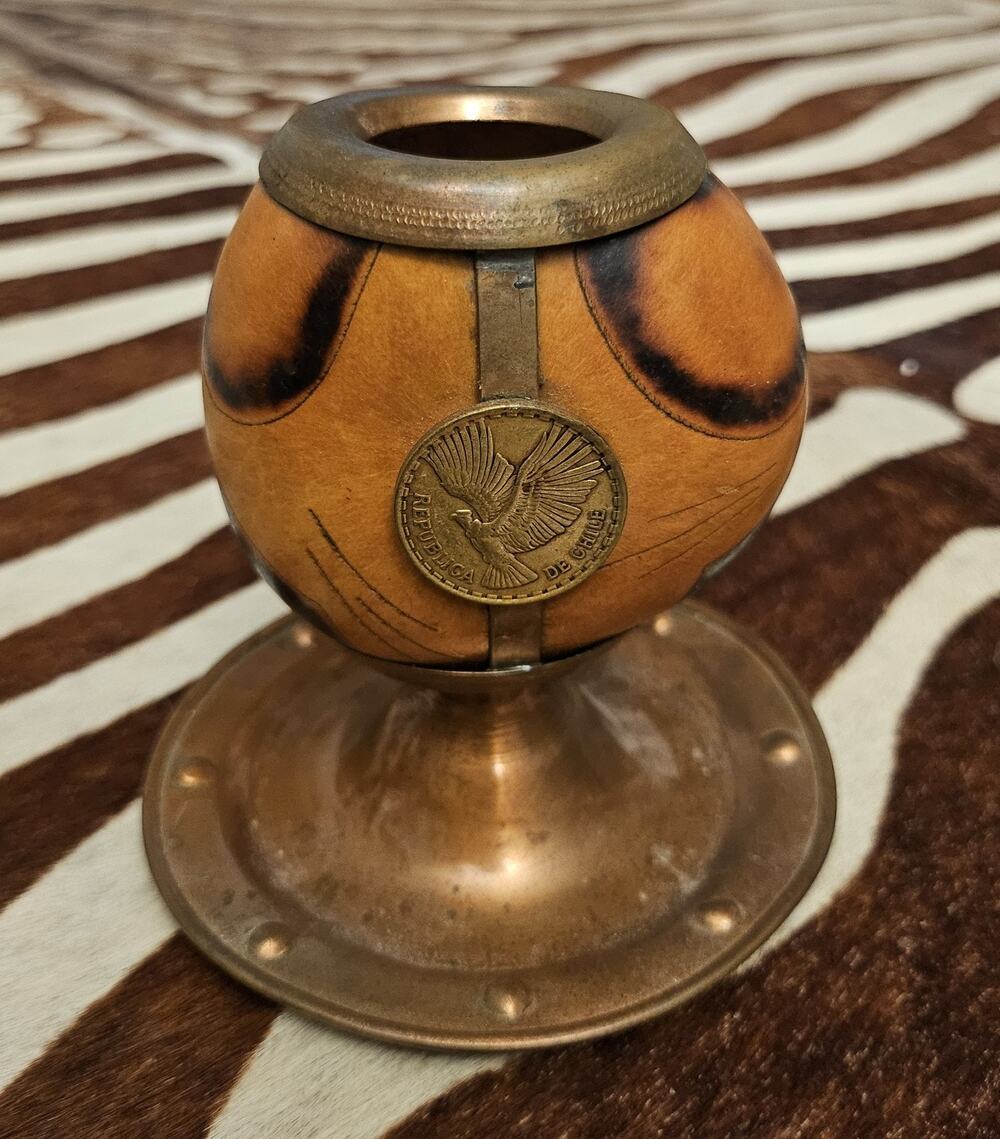 Vintage 70s Herbal Tea Yerba Mate Gourd Cup with Chilean Coin on Copper Stand